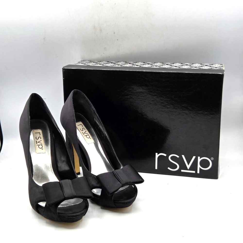 RSVP Black Satin Peep Toe Pumps with a Bow Size 8M with BOX